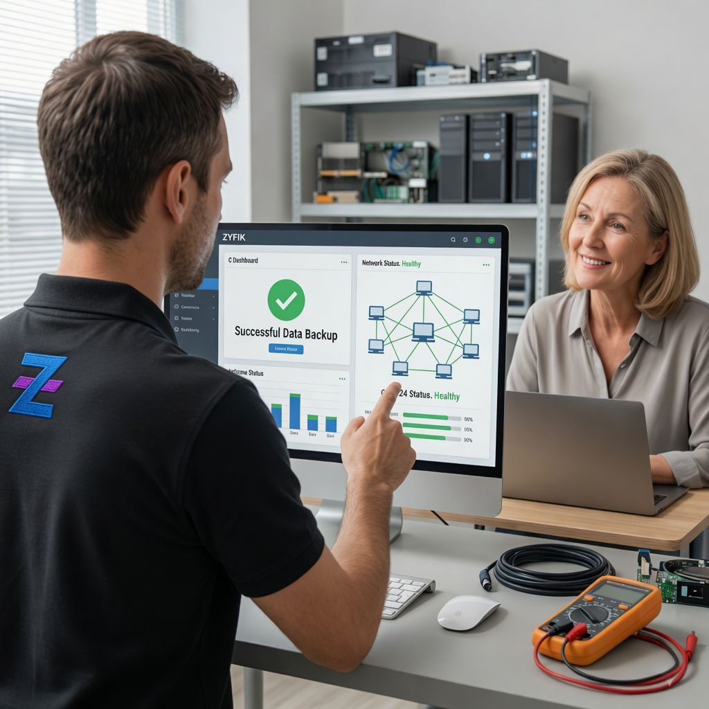 Technician showing a system dashboard to a client during a PC repair and IT support consultation